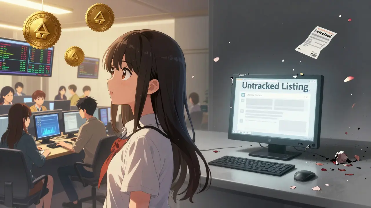 A girl looks between a vibrant, active exchange and a crumbling, abandoned website with fading digital flowers.