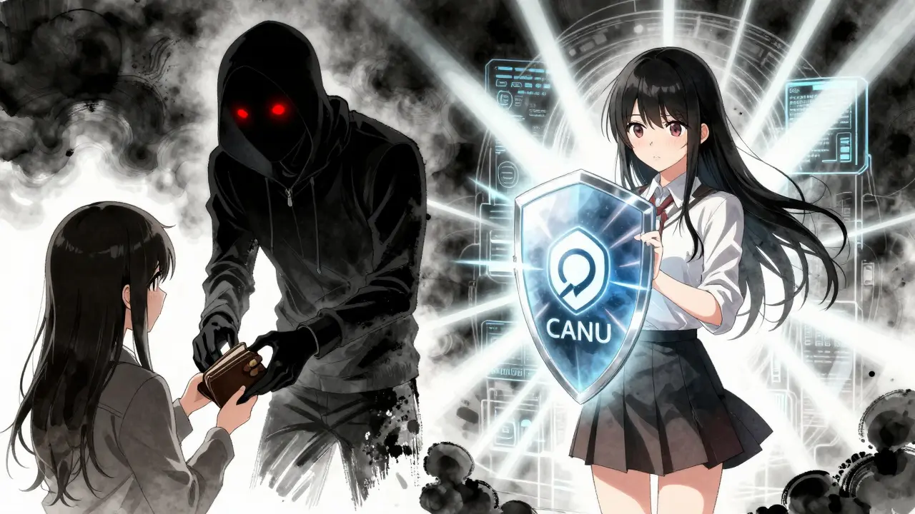A girl protected by a radiant shield from a scammer, symbolizing safety and awareness in crypto.