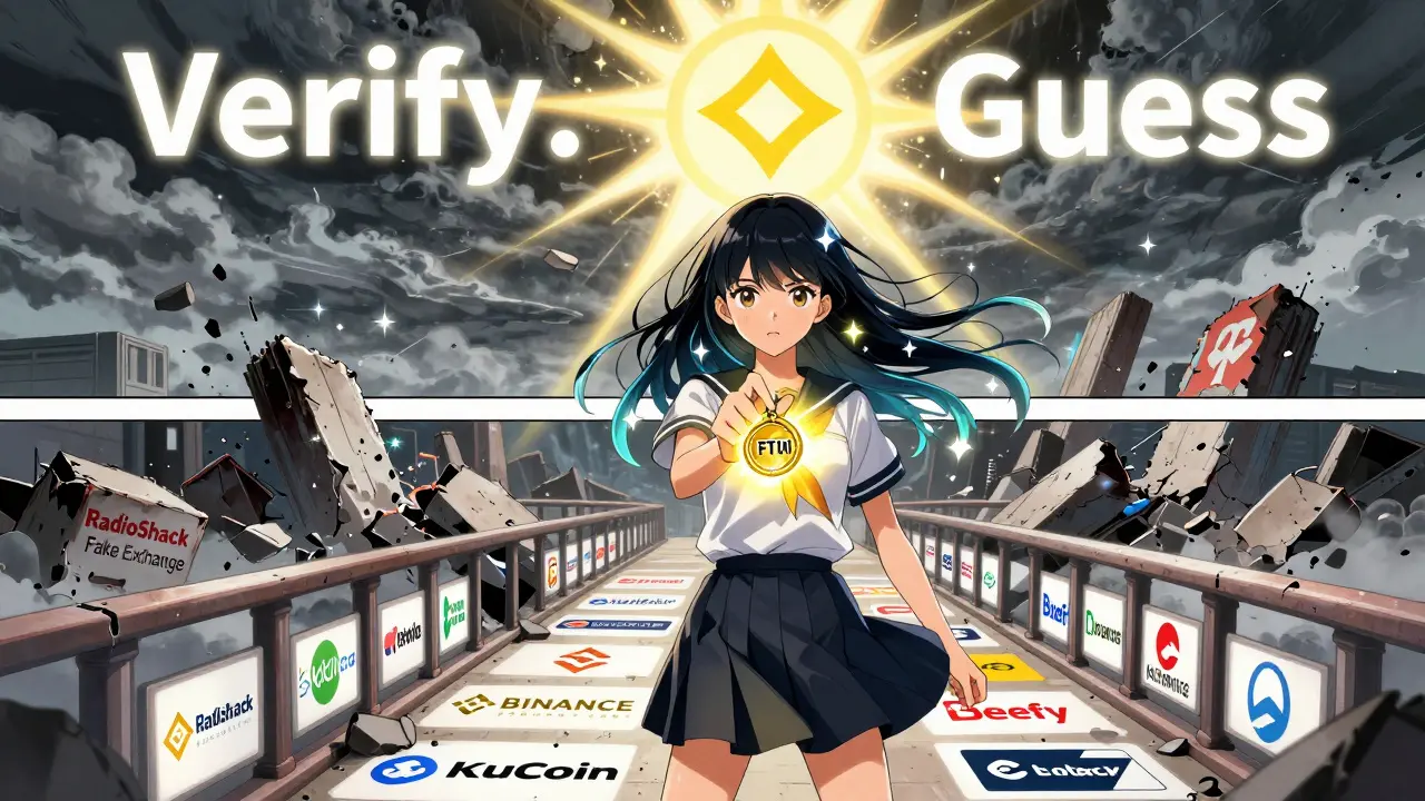 A girl standing on a bridge of trusted crypto platforms as a fake exchange crumbles behind her, bathed in radiant light.