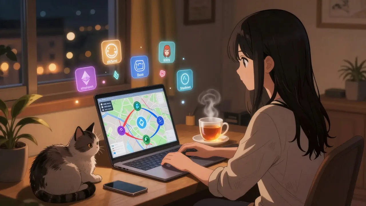A girl studies Ethereum Layer 2 networks on her laptop at night, surrounded by floating crypto icons in a cozy room.