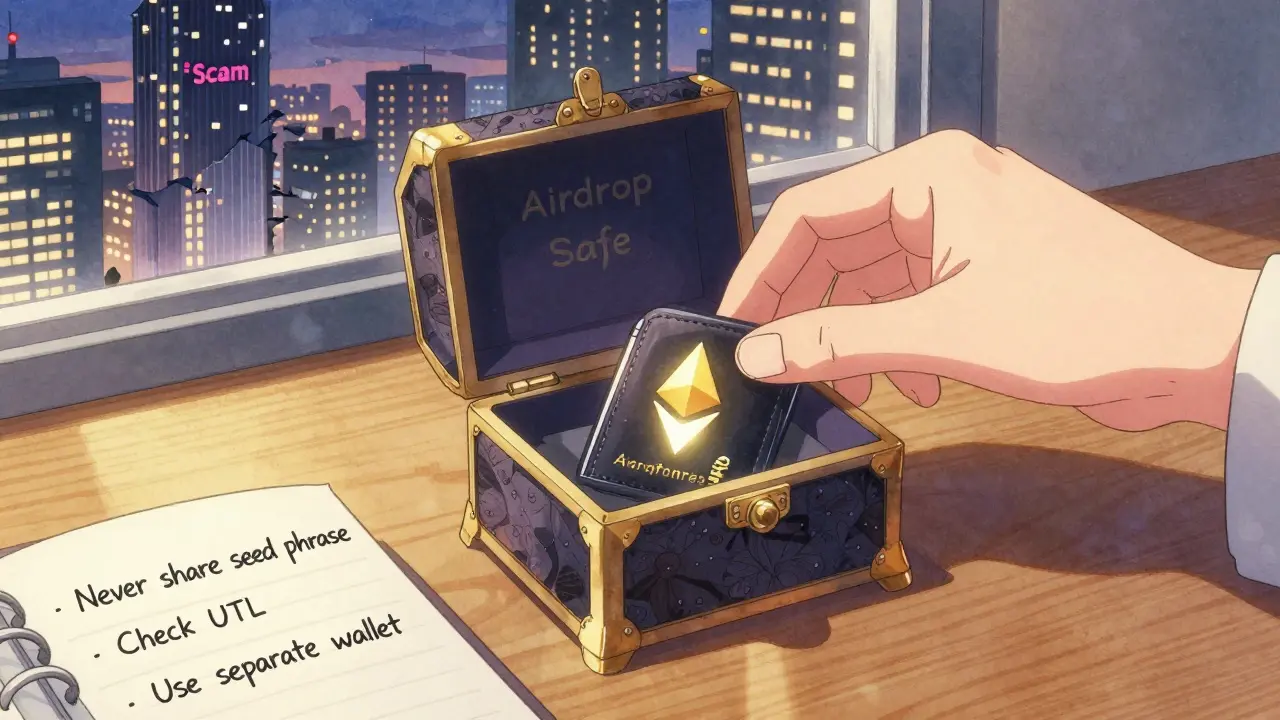 A hand placing a wallet into a locked box labeled 'Airdrop Safe', with a crumbling scam building visible outside the window.