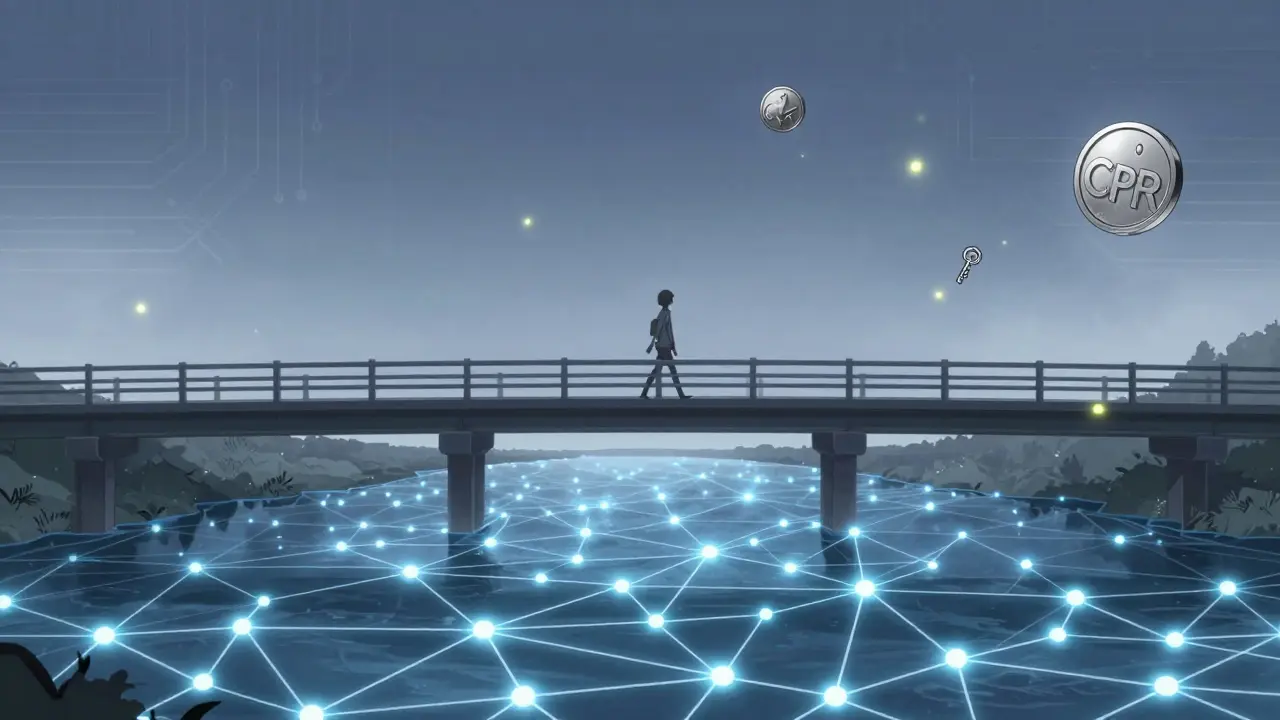 A lone figure walks under moonlight as CPR tokens float like fireflies, with Ethereum fading and Polygon glowing below.