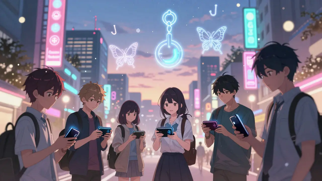 A neon-lit Base Network city where teens swap ETH directly, while custom hook charms drift like butterflies in the twilight air.