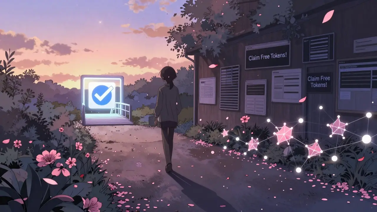A person walking a path where flower petals turn into blockchain nodes, leading toward a verified testnet portal in the distance.
