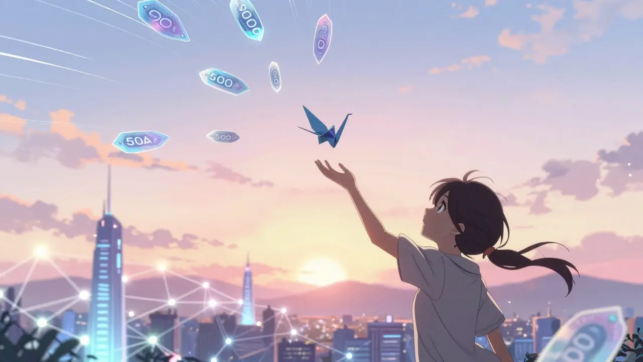 A protagonist catches a falling RARA token shaped like an origami crane in a glowing sky.