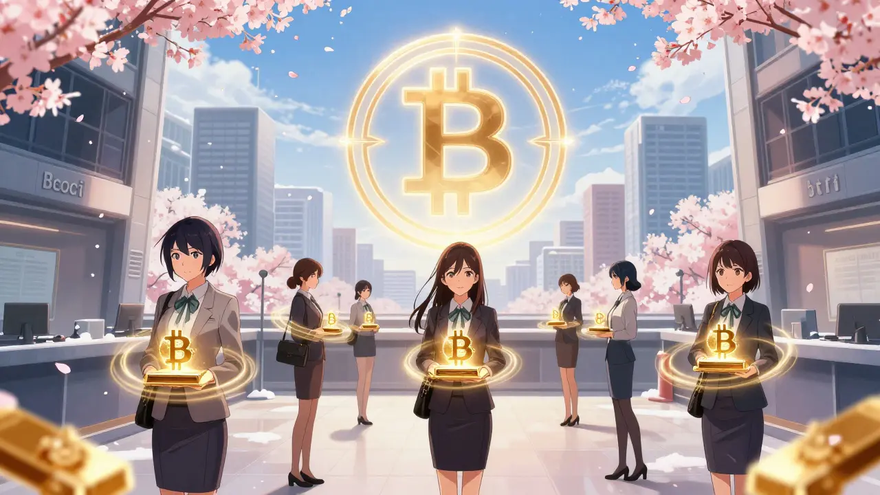 A serene Toronto Stock Exchange scene with golden Bitcoin symbols crystallizing into bars under a glowing ETF emblem.