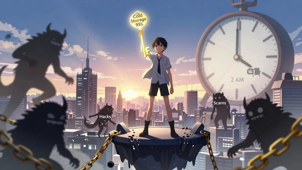 A teen holding a key to cold storage as security threats vanish, under a dawn sky symbolizing trust and new starts.