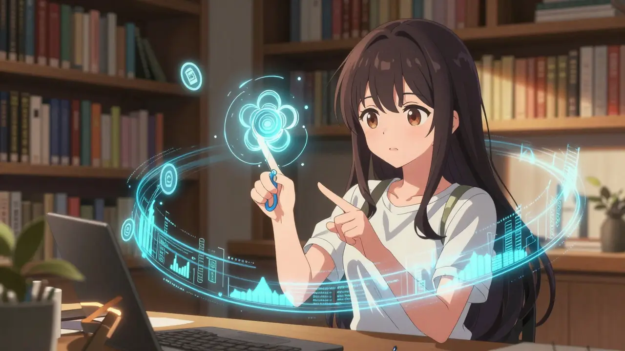 A young developer activating a flower-shaped hook that auto-rebalances liquidity, surrounded by floating tokens and code ribbons in a futuristic library.