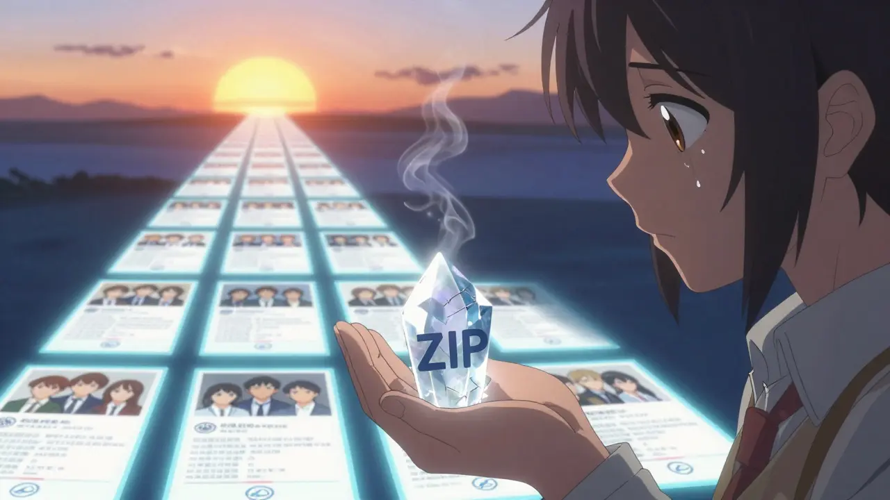 A young person holds a dimming ZipSwap crystal while a bright path of legitimate tokens leads toward sunrise.