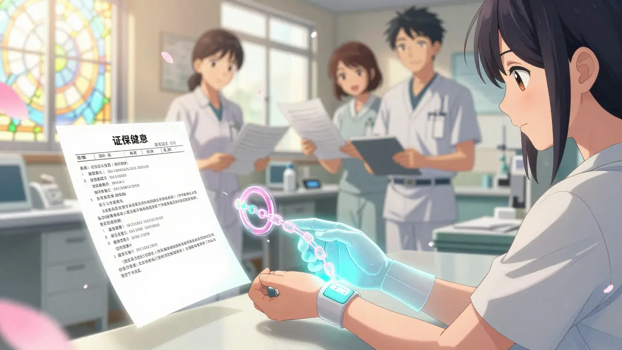 An AI hand verifies patient records on a shimmering blockchain in a soft-lit clinic, transforming paperwork into petals.