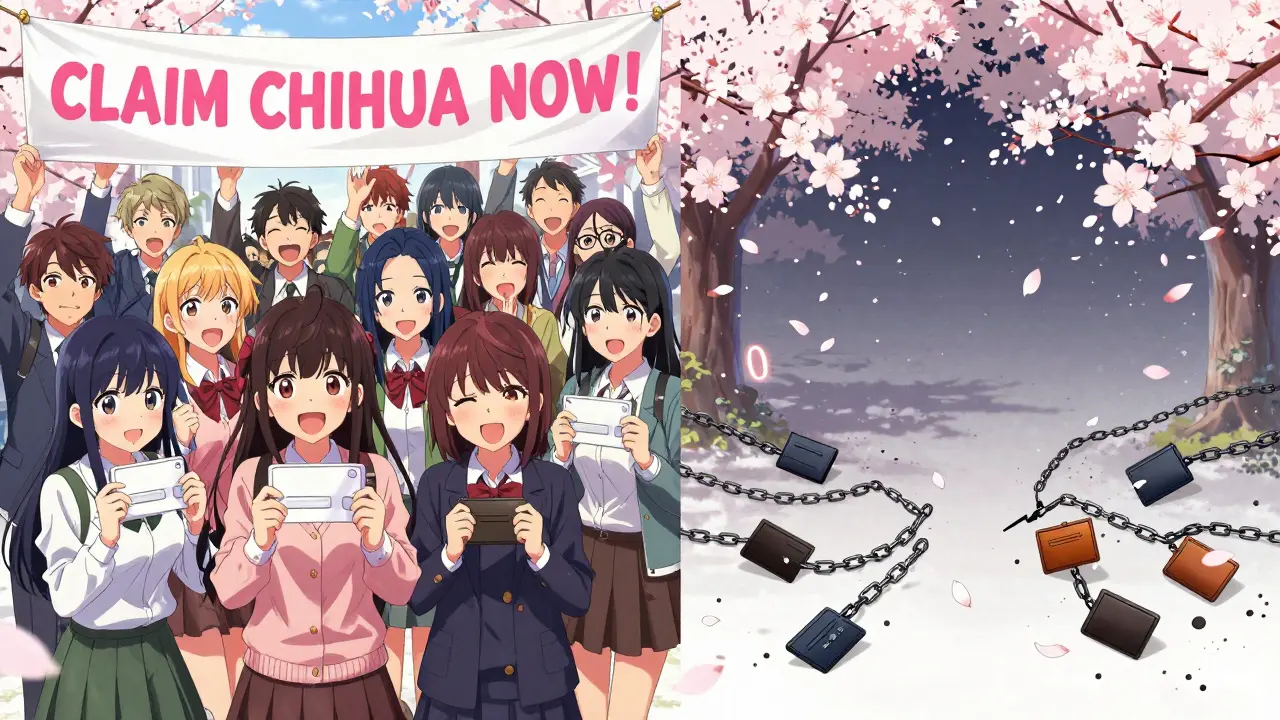 Anime characters excitedly claim fake CHIHUA tokens, while behind them, the scene reveals empty wallets and floating zeros.