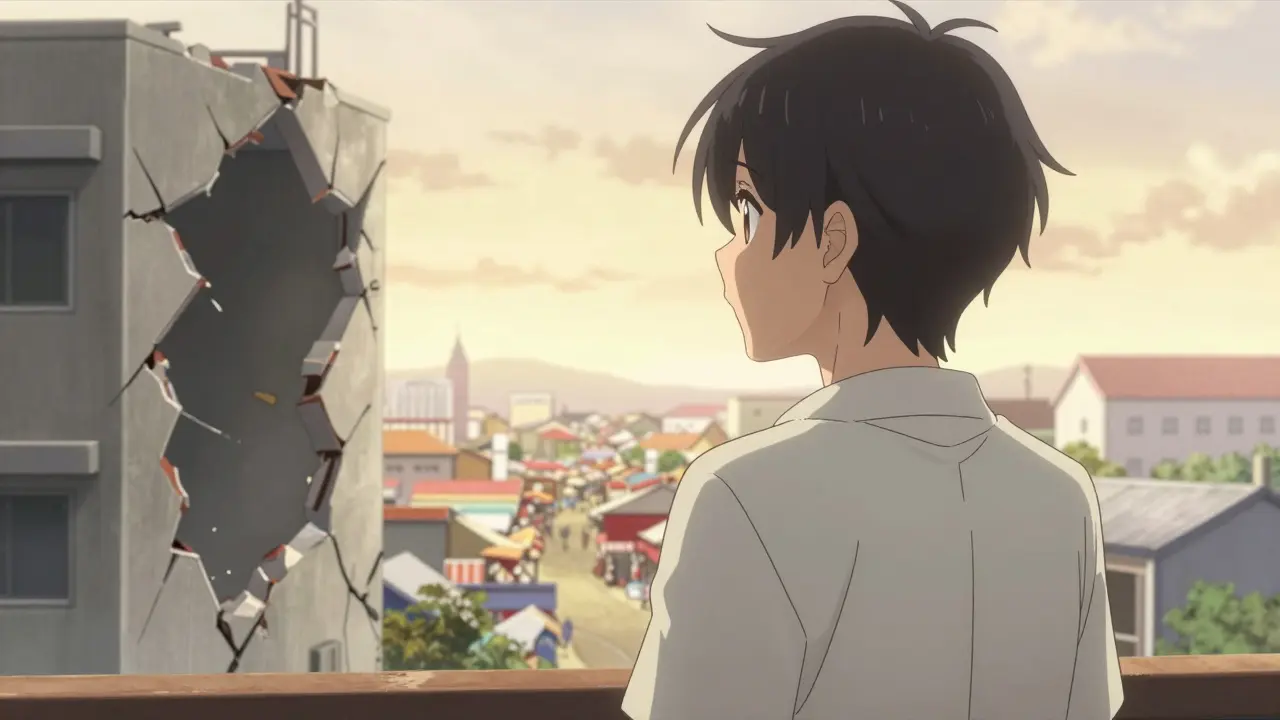 Character turning away from crumbling exchange toward radiant marketplace