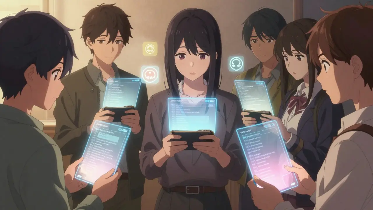 Diverse characters examine holographic wallet histories with glowing contract addresses.