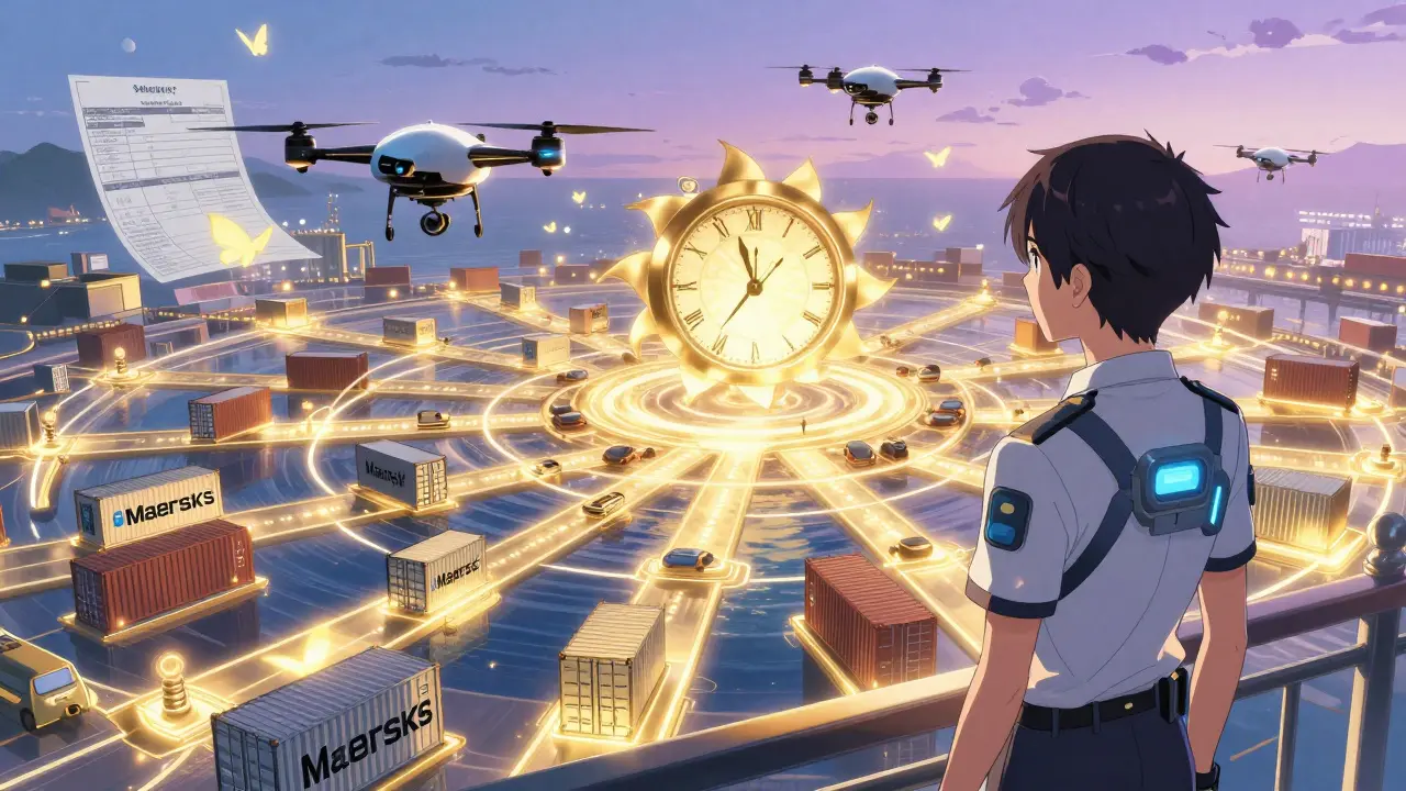Drones move through glowing logistics paths as time transforms into petals, symbolizing 72-hour delays cut to 22 minutes.