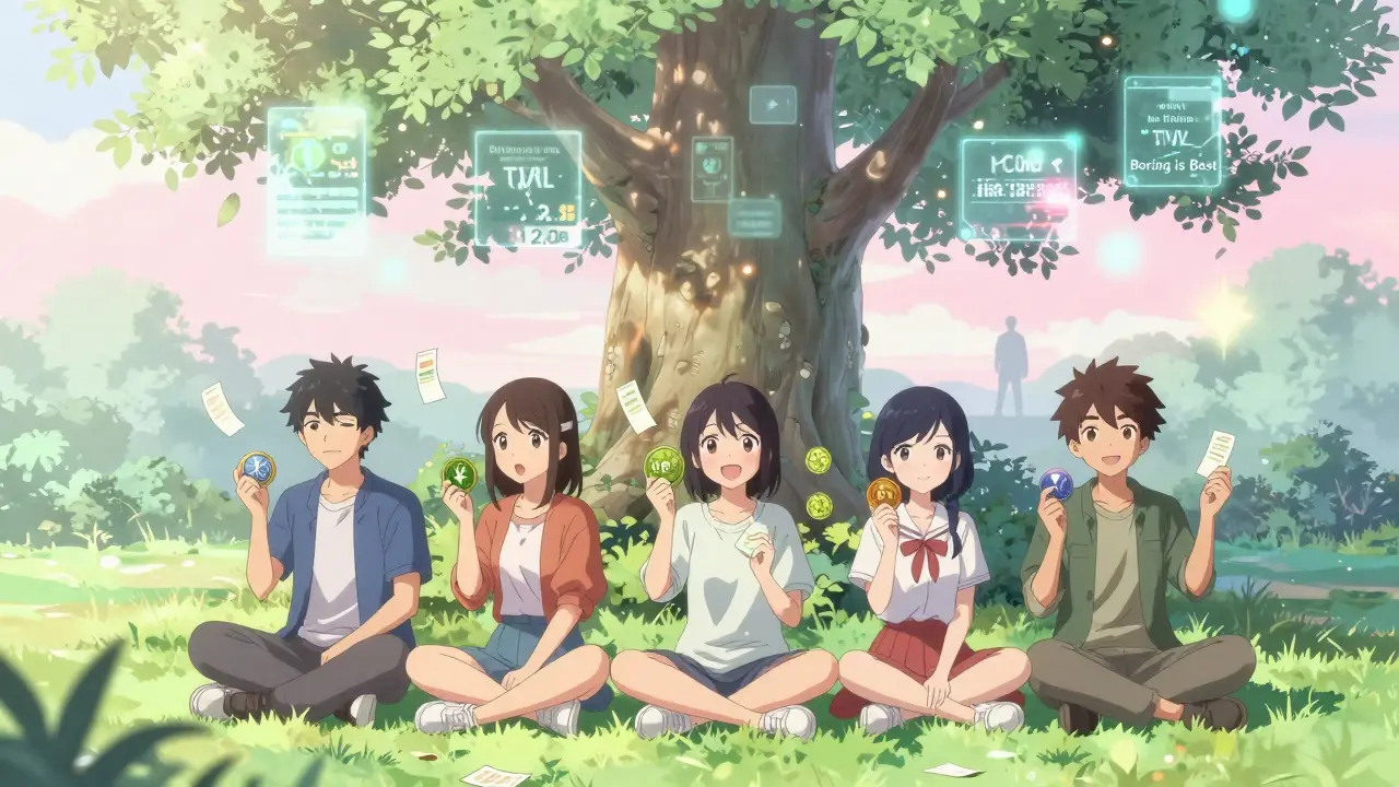 Five people in a garden receiving floating dividend receipts from their DeFi tokens, under a digital tree.