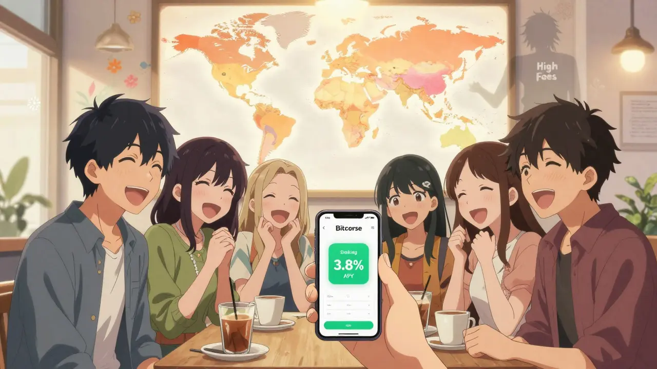 Friends celebrating staking rewards on Bitcorse in a cozy café, with a world map showing supported countries.