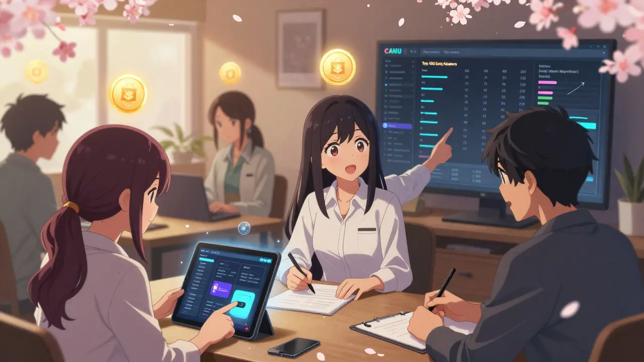 Friends collaborating on a testnet dashboard with glowing CANU tokens appearing above them in a cozy digital lounge.