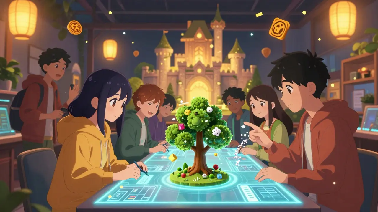 Friends create digital assets in The Sandbox, with floating tokens and a glowing castle rising behind them in a vibrant hub.