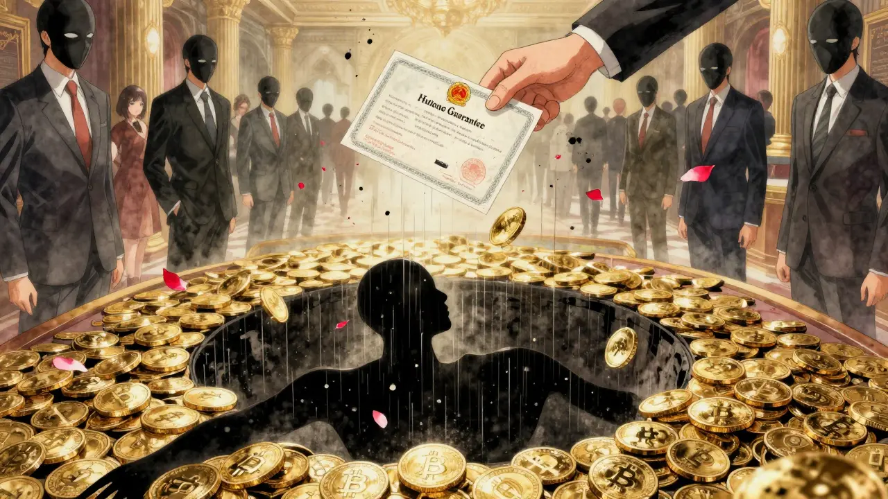 Golden bitcoins pour into a human-shaped void beneath a casino, licenses float like dying roses in the air.