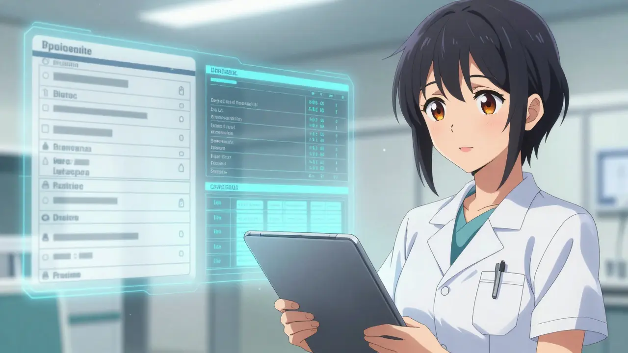 Healthcare worker with tablet showing private and public data streams in hospital.