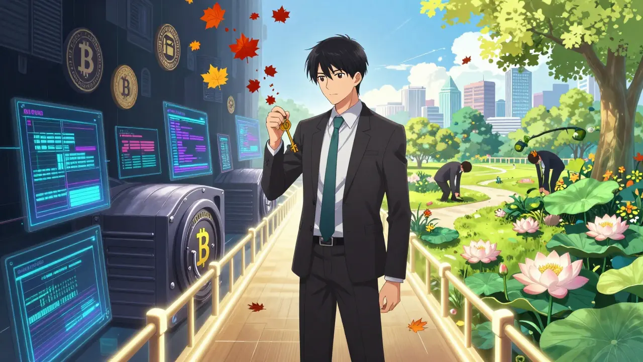 Som Seif bridges chaotic crypto and a serene financial garden, turning maple leaves into Bitcoin symbols as global cities bow.