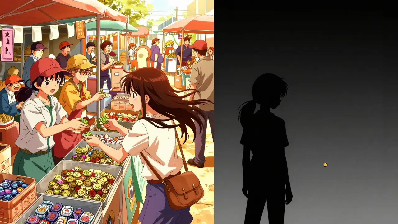 Split scene: vibrant market vs desolate emptiness with rolling coin