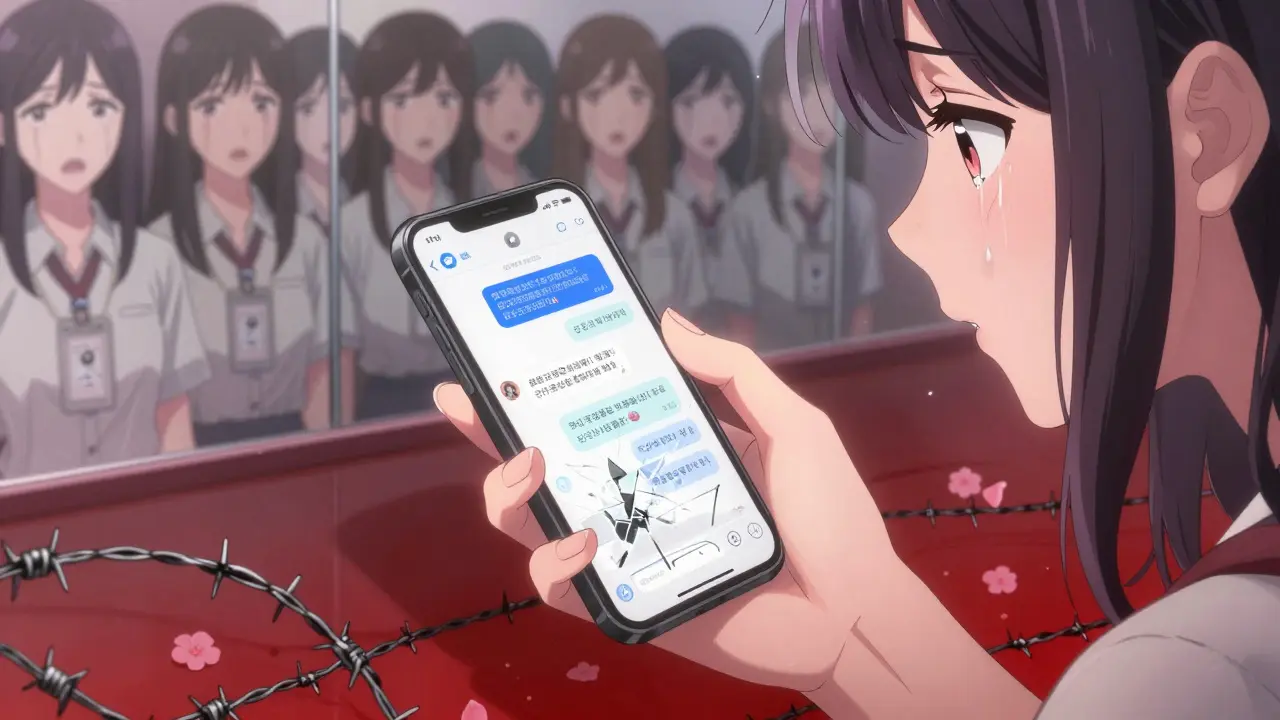 Tears fall on a fake crypto scam message as reflected faces show other trapped victims in a dim room.