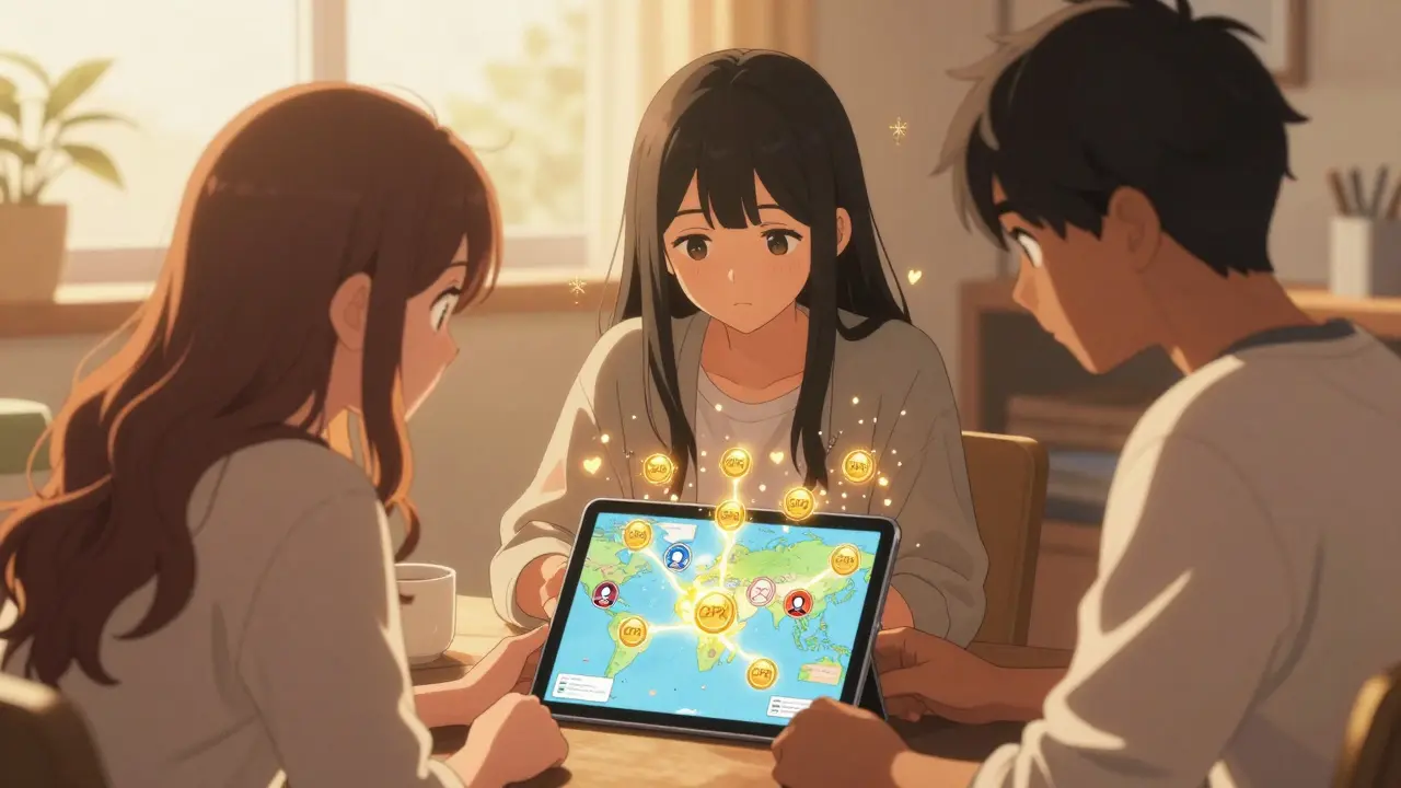 Three people from different countries collaborate around a tablet showing glowing CPR token flows on a blockchain map.