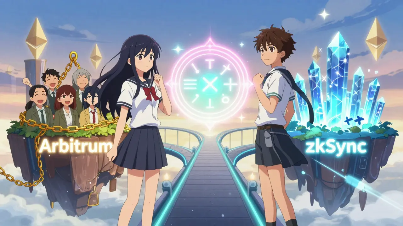 Two characters stand on a magical bridge connecting two blockchain networks with glowing symbols above them.