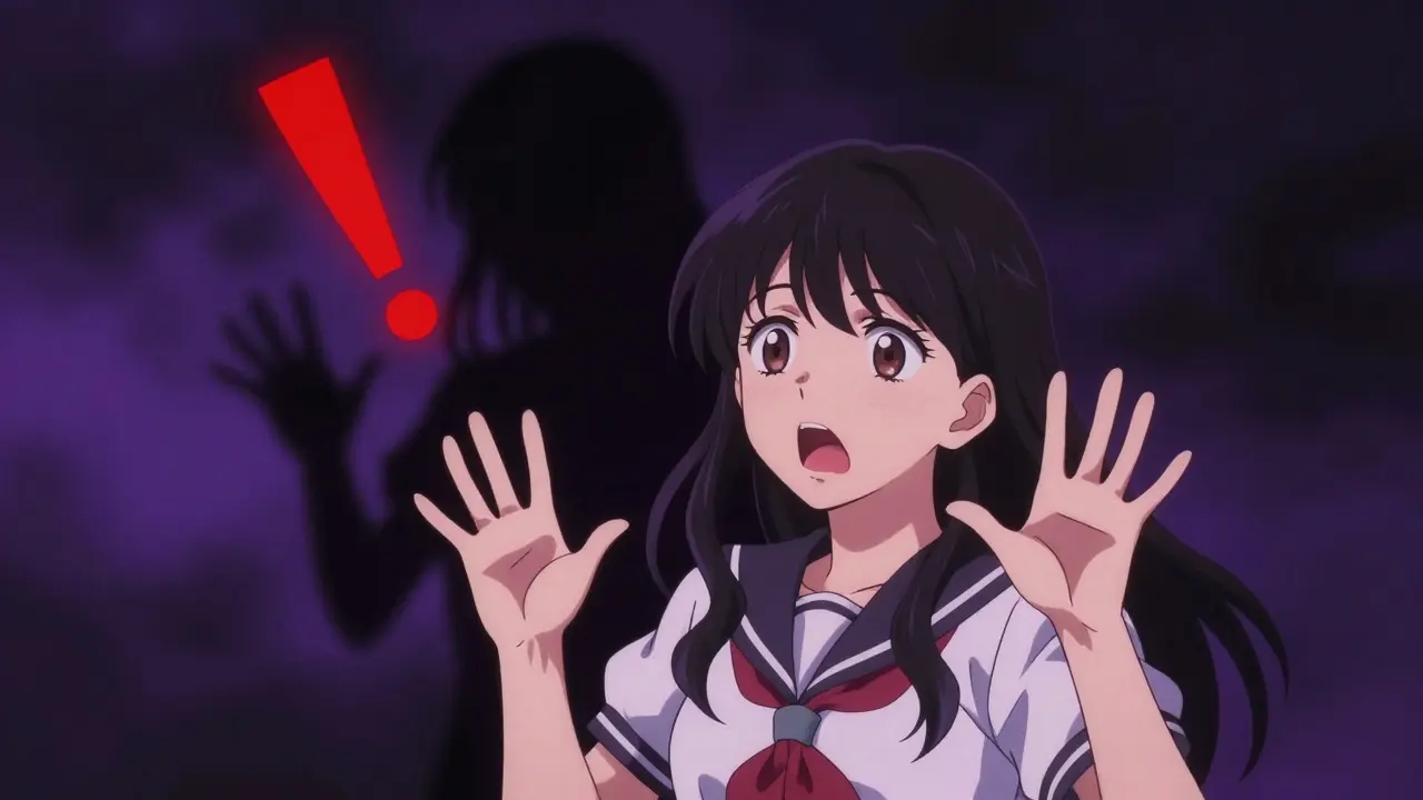 Woman recoiling from shadowy figure with red warning symbol.