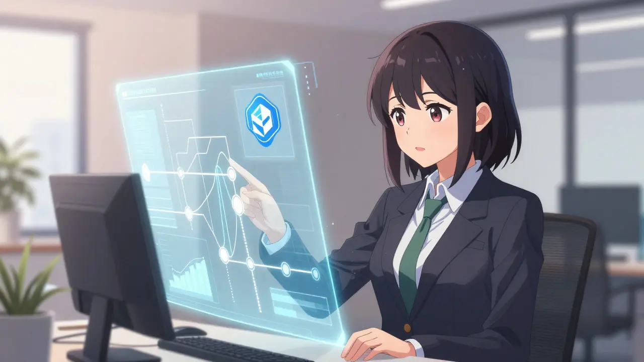 Young executive in office examining holographic supply chain data with corporate logo.