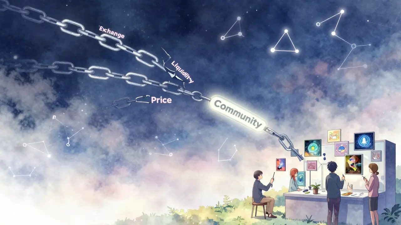 A broken chain of trading symbols fades as a glowing community link connects to a digital art gallery.