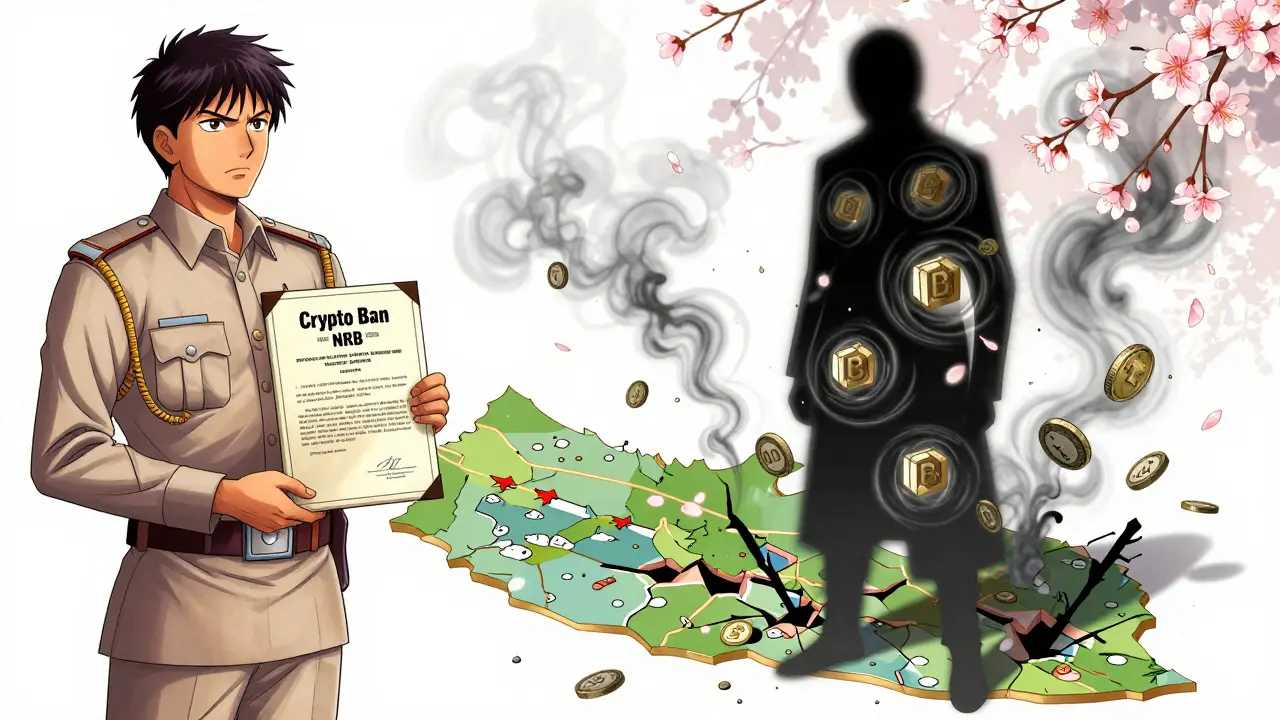 A central bank official faces a shadowy blockchain figure, symbolizing Nepal's struggle between regulation and digital change.