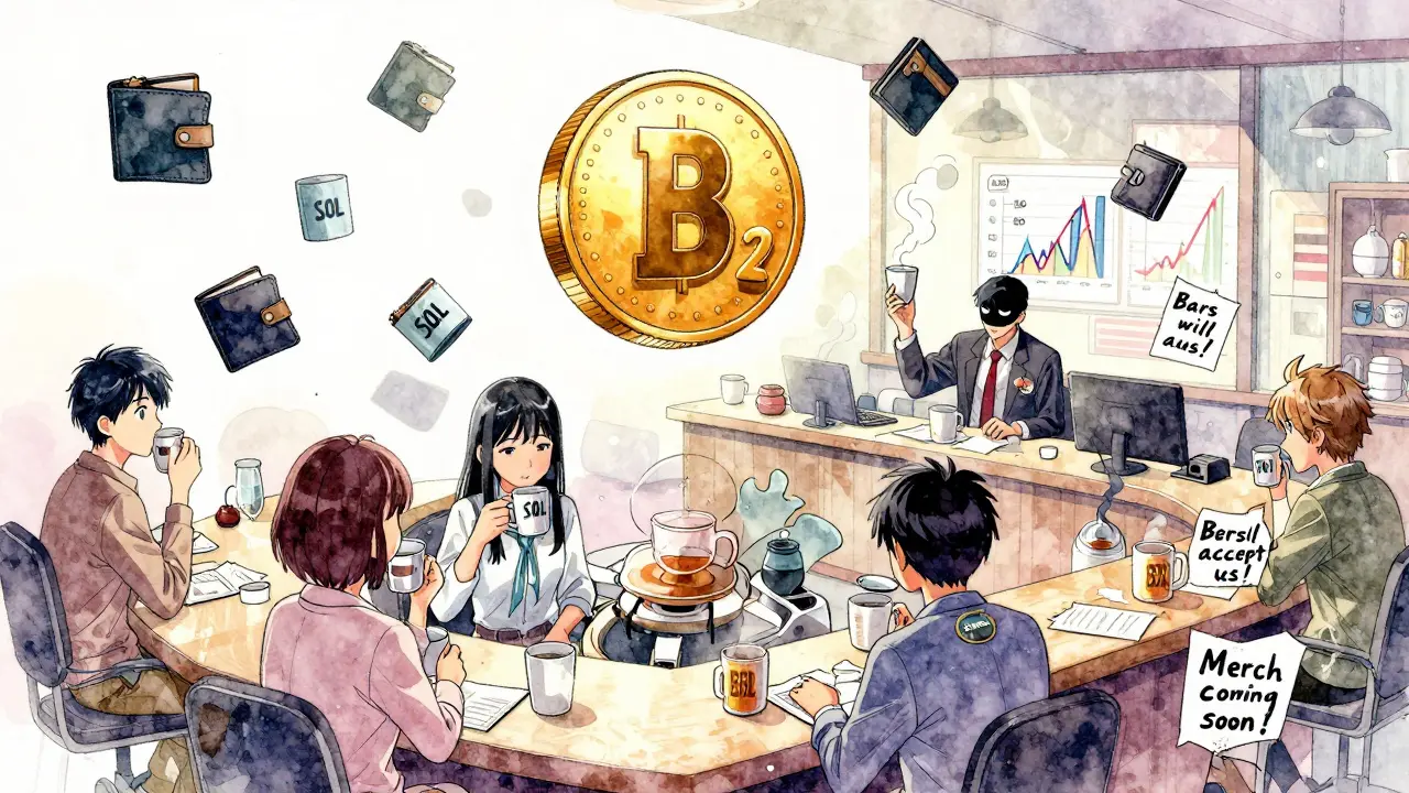 A chaotic tea house trading floor where ghostly wallets float above a counter, with promises written on napkins as BEER2 spins above empty mugs.