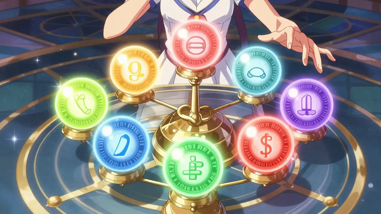 A character balancing multiple glowing orbs on a magical scale in manga style.