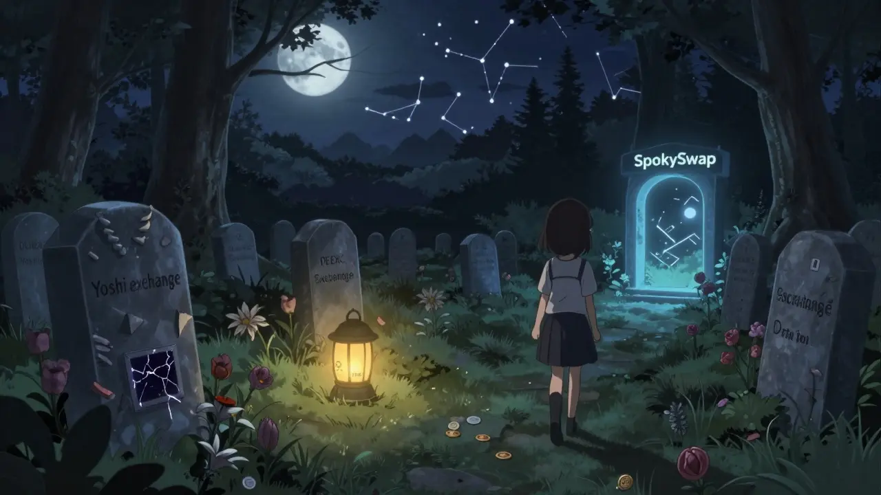 A digital graveyard with Yoshi.exchange’s tombstone as a girl walks away toward SpookySwap, under a moonlit blockchain sky.
