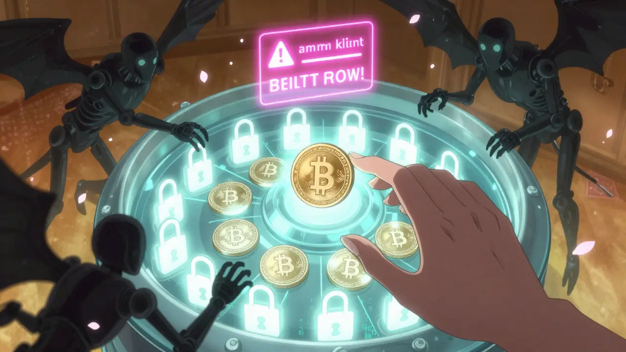 A digital vault holds locked crypto assets as liquidation bots approach, while a hand adds more collateral to restore balance.