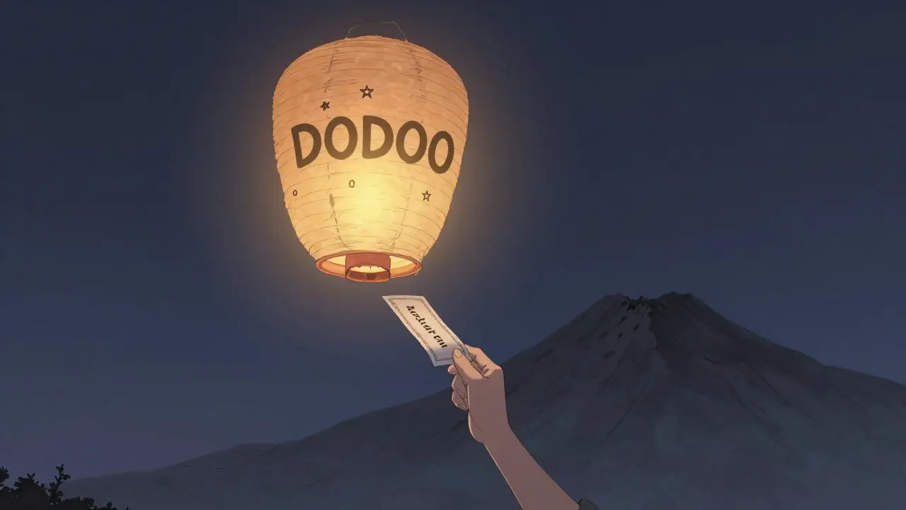 A dimming DOODOO lantern floats alone in the night sky as a lottery ticket drifts away.