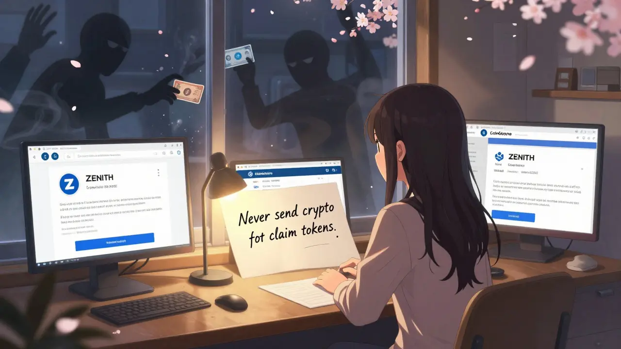 A girl at her desk reviewing fake airdrop screenshots while shadowy scam figures dissolve into smoke outside her window.