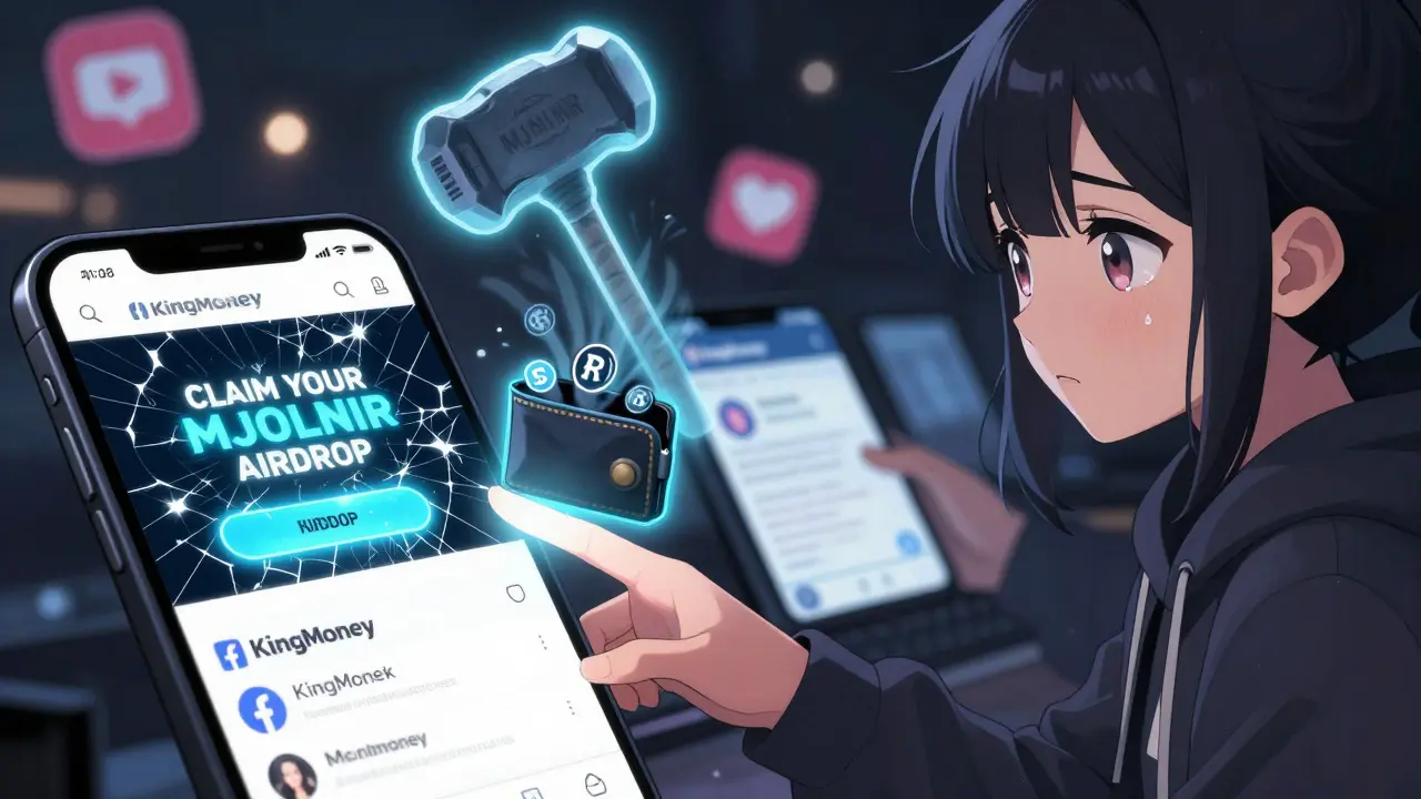 A girl reaches for a real KingMoney page as a ghostly hammer drains crypto from her wallet.