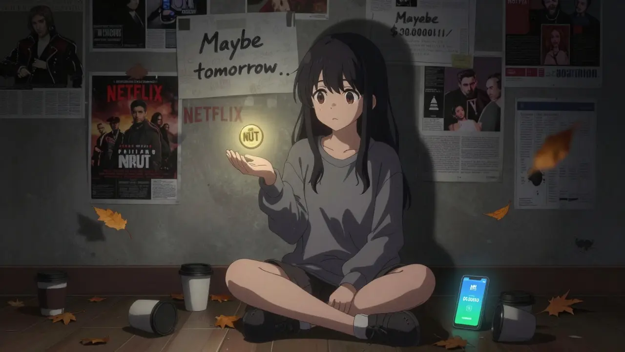 A girl sits alone in a dim room, staring at a smartphone showing the near-zero price of the NUT token.