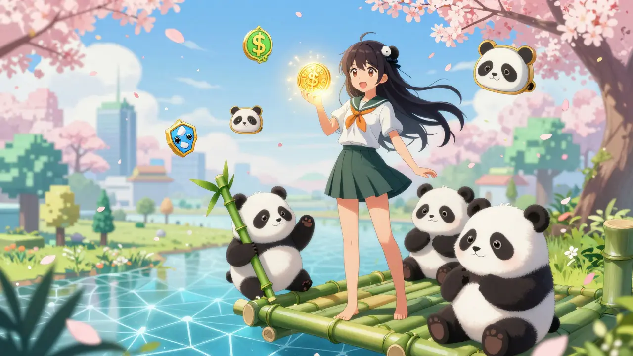 A girl stands in a magical blockchain world with floating pandas and NFT items, holding a glowing $PANDO token as cherry blossoms drift around her.