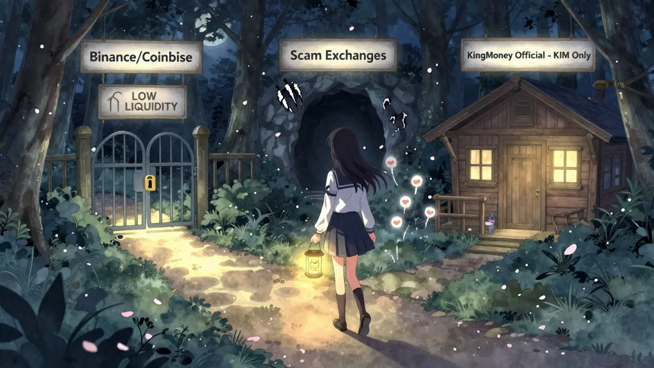 A girl walks a path toward a quiet cabin labeled 'KingMoney Official' under a moonlit sky.