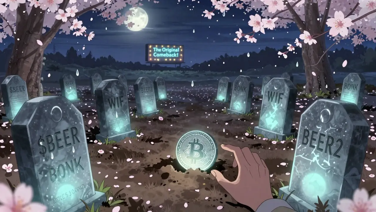 A graveyard of crypto tokens under cherry blossoms, with a trembling hand reaching for a fading BEER2 coin as a flickering billboard reads 'The Original Comeback!'