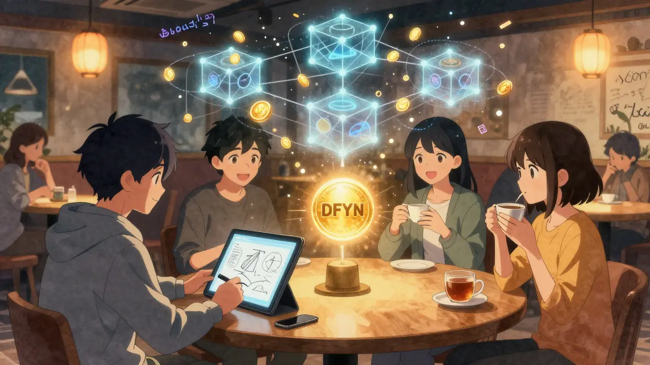A group of DeFi users in a cozy lounge, surrounded by a glowing mesh of interconnected blockchains and floating DFYN tokens.