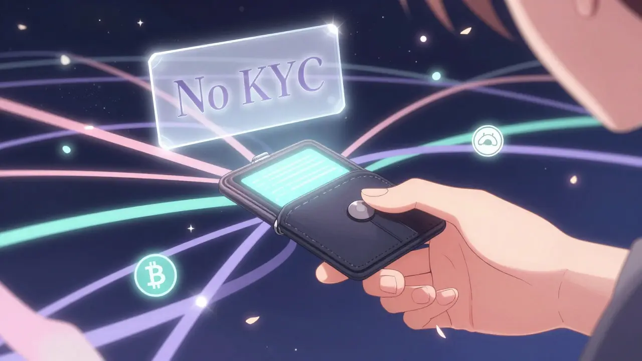 A hand connecting a wallet to a starry network of colorful blockchain ribbons with 'No KYC' floating nearby.