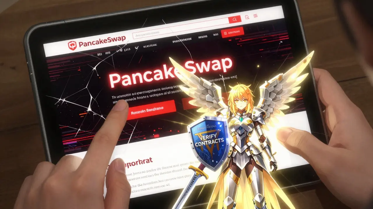 A hand hesitates over a fake PancakeSwap site, blocked by an armored blockchain angel holding a shield that reads 'VERIFY CONTRACTS'.