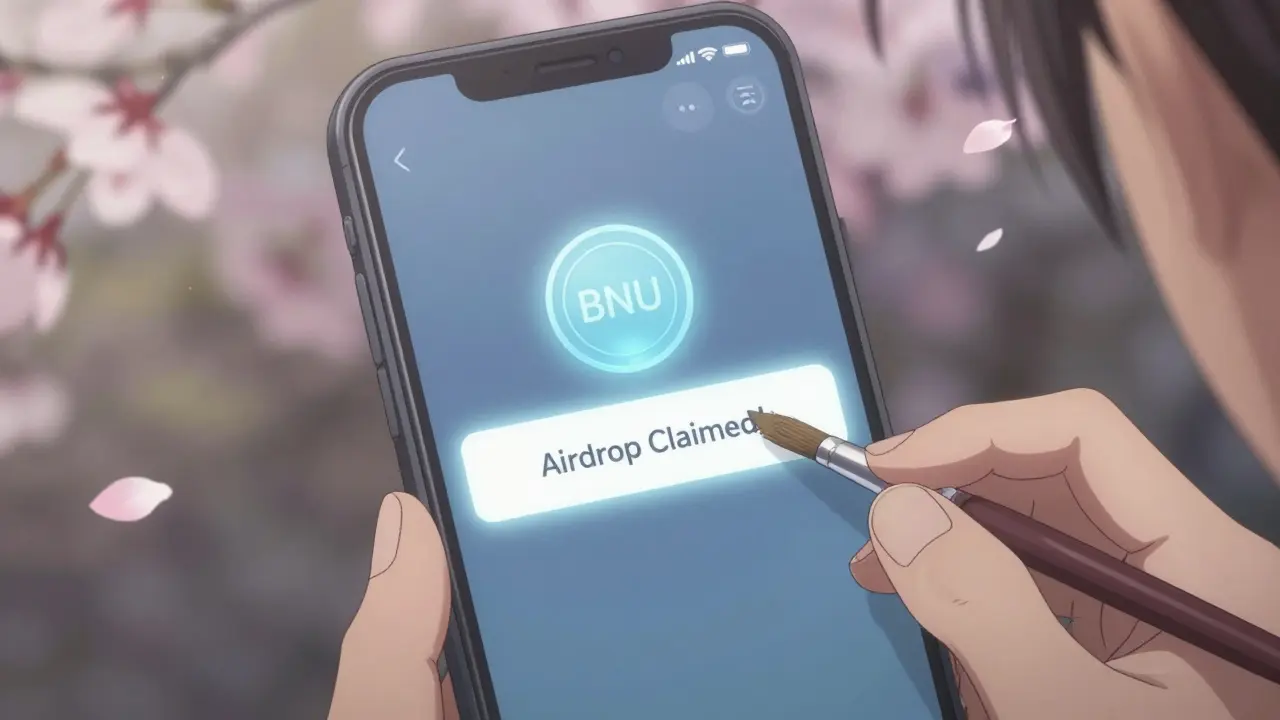 A hand places a paintbrush beside a phone showing a BNU airdrop confirmation.