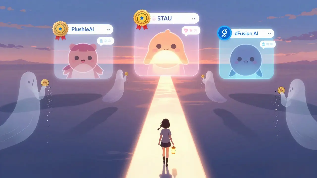 A lone girl walking toward active crypto projects as ghostly token holders fade away in a forgotten digital landscape.