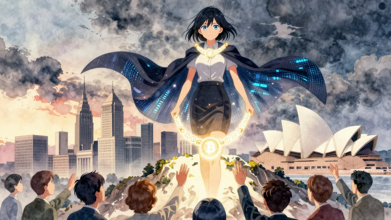 A portfolio manager wearing a blockchain necklace atop global financial landmarks, investors reaching toward the light.